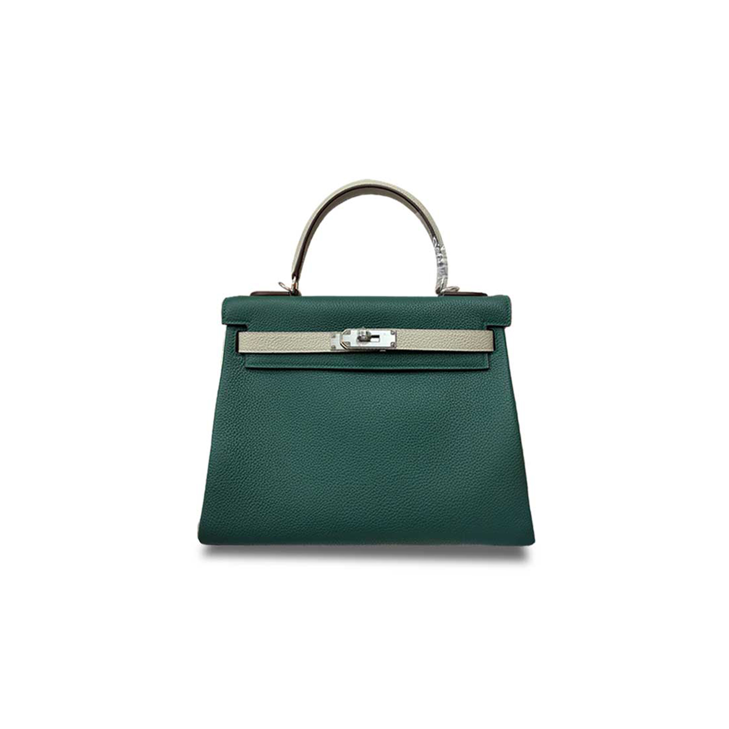 HERMÈS MASTER KELLY 25 TOGO COLOR MATCHING MALACHITE GREEN MILKSHAKE WHITE SILVER BUCKLE (25*17*7cm) 